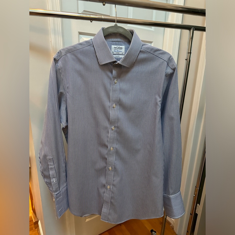T.M. LEWIN Navy Stripe French Cuff Fitted Men's Shirt 16